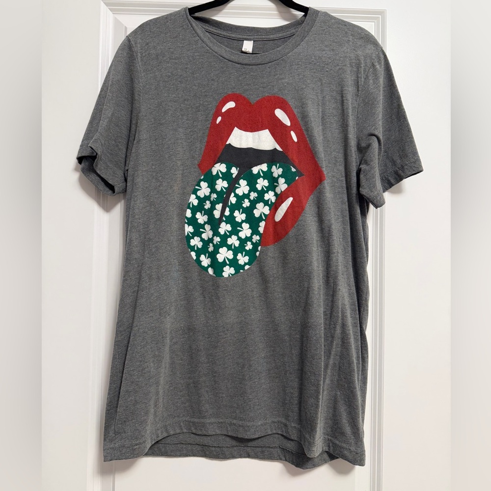 Women’s Gray T-Shirt with Red Lips and Green Clover Tongue